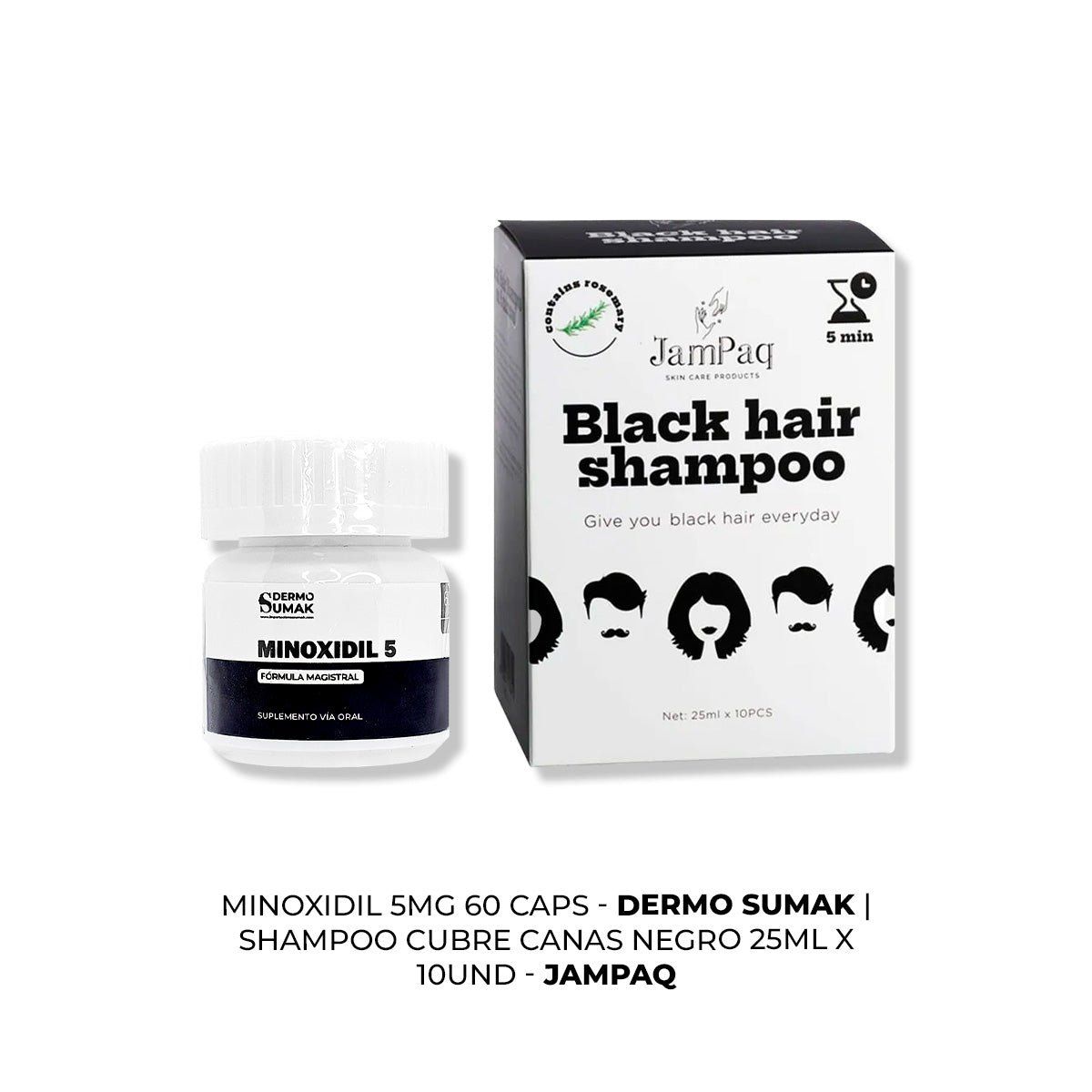 IMPORTADO MC - MINOXIDIL 5MG CAPS 60 + SHAMPOO CUBRE CANAS NEGRO 250ML X 10UND JAMPAQ