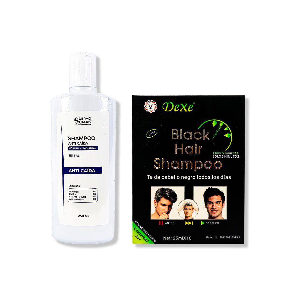 IMPORTADO MC - SHAMPOO ANTICAIDA SIN SAL 250ML + SHAMPOO CUBRE CANAS NEGRO 250ML