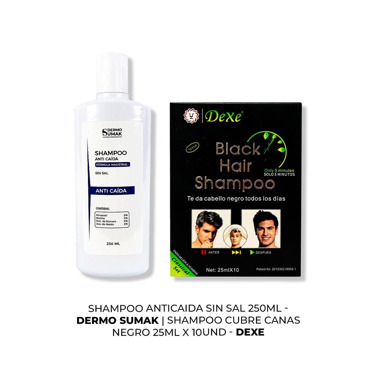 IMPORTADO MC - SHAMPOO ANTICAIDA SIN SAL 250ML + SHAMPOO CUBRE CANAS NEGRO 250ML