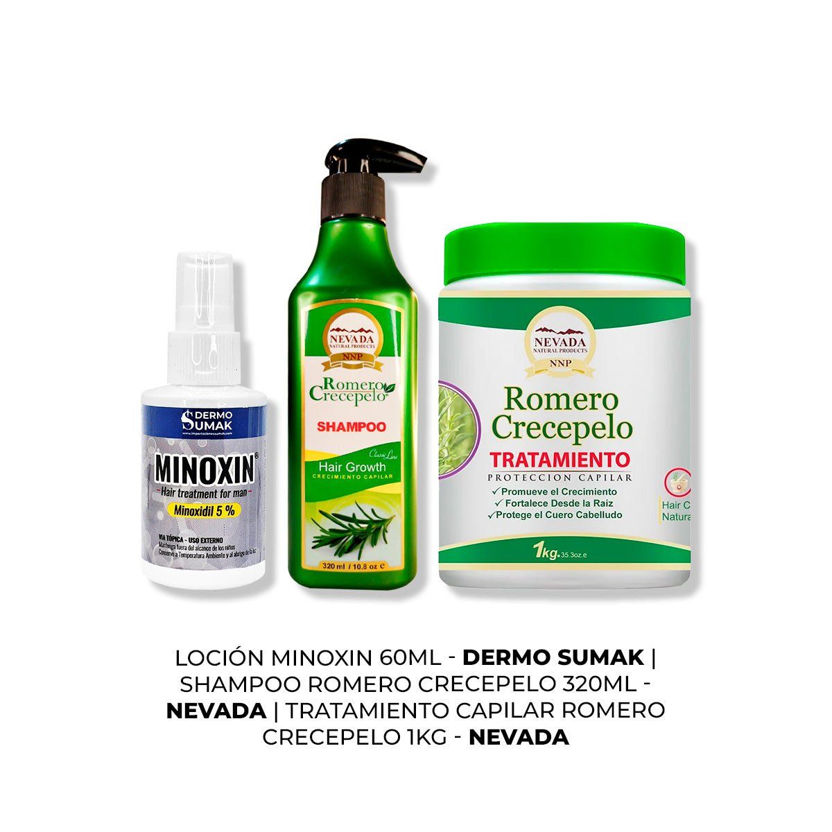 IMPORTADO MC - LOCIÓN MINOXIN 60ML + SHAMPOO ROMERO 320ML + TRATAMIENTO CAPILAR