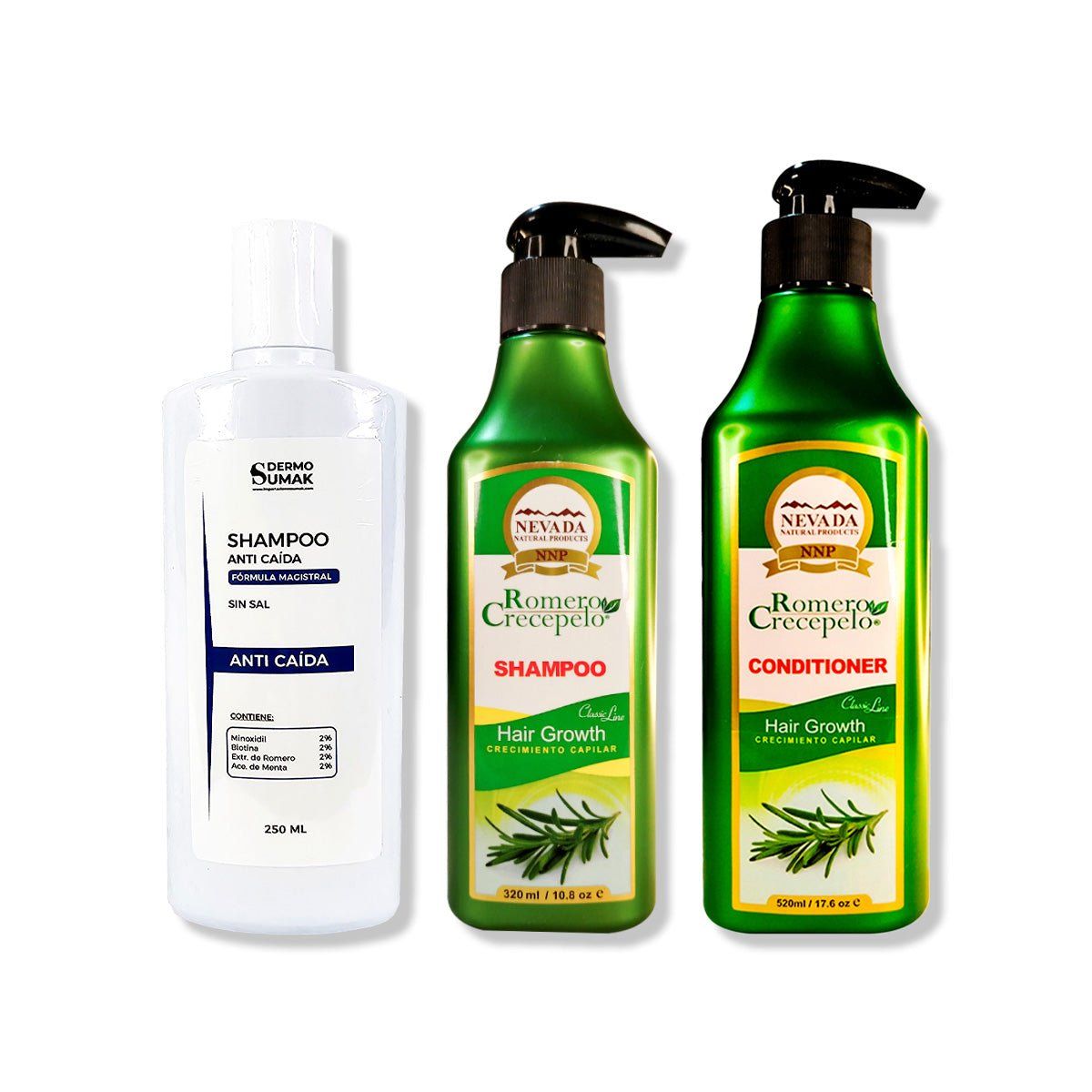 IMPORTADO MC - SHAMPOO ANTICAIDA 250ML + SHAMPOO ROMERO 320ML + ACONDICIONADOR 500ML