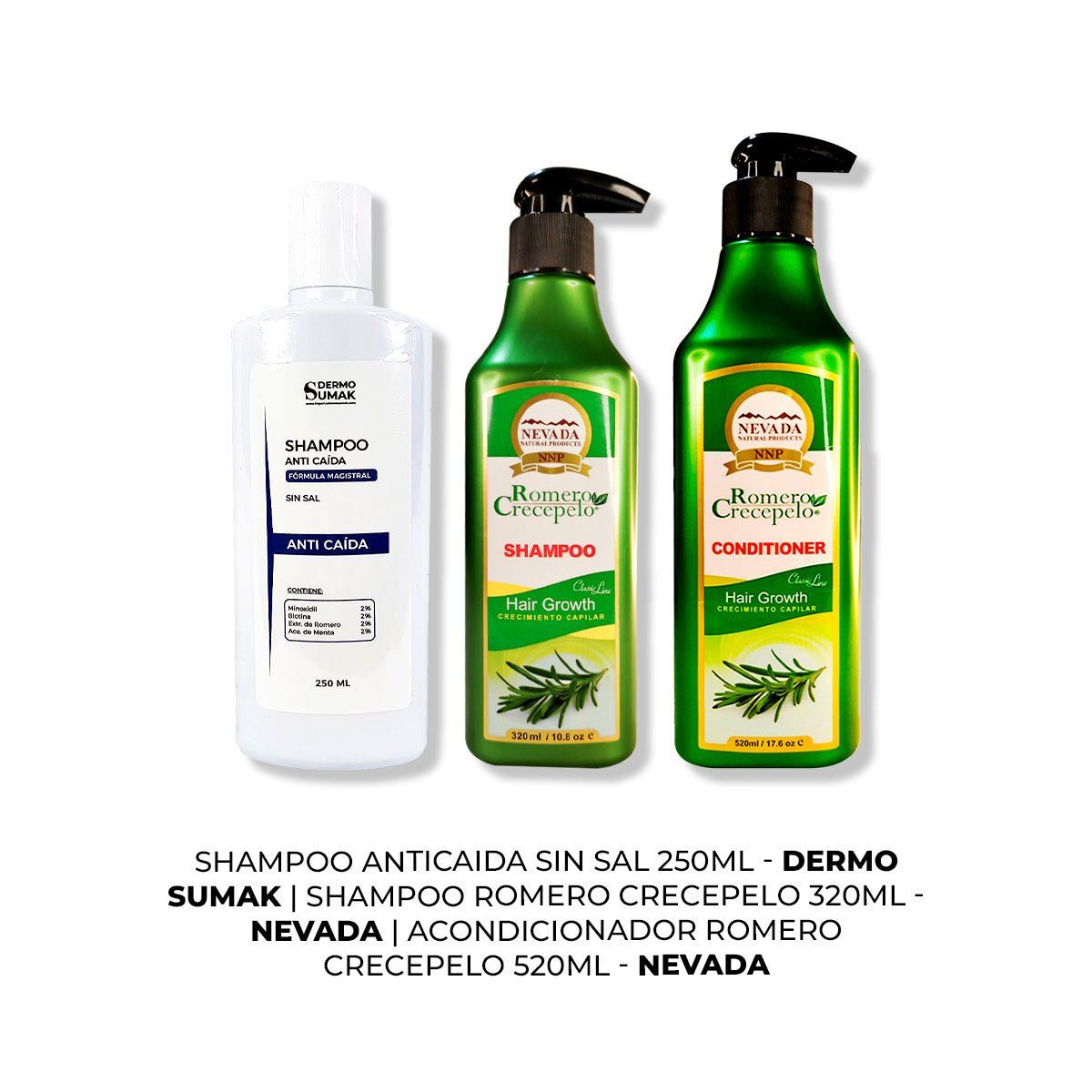 IMPORTADO MC - SHAMPOO ANTICAIDA 250ML + SHAMPOO ROMERO 320ML + ACONDICIONADOR 500ML