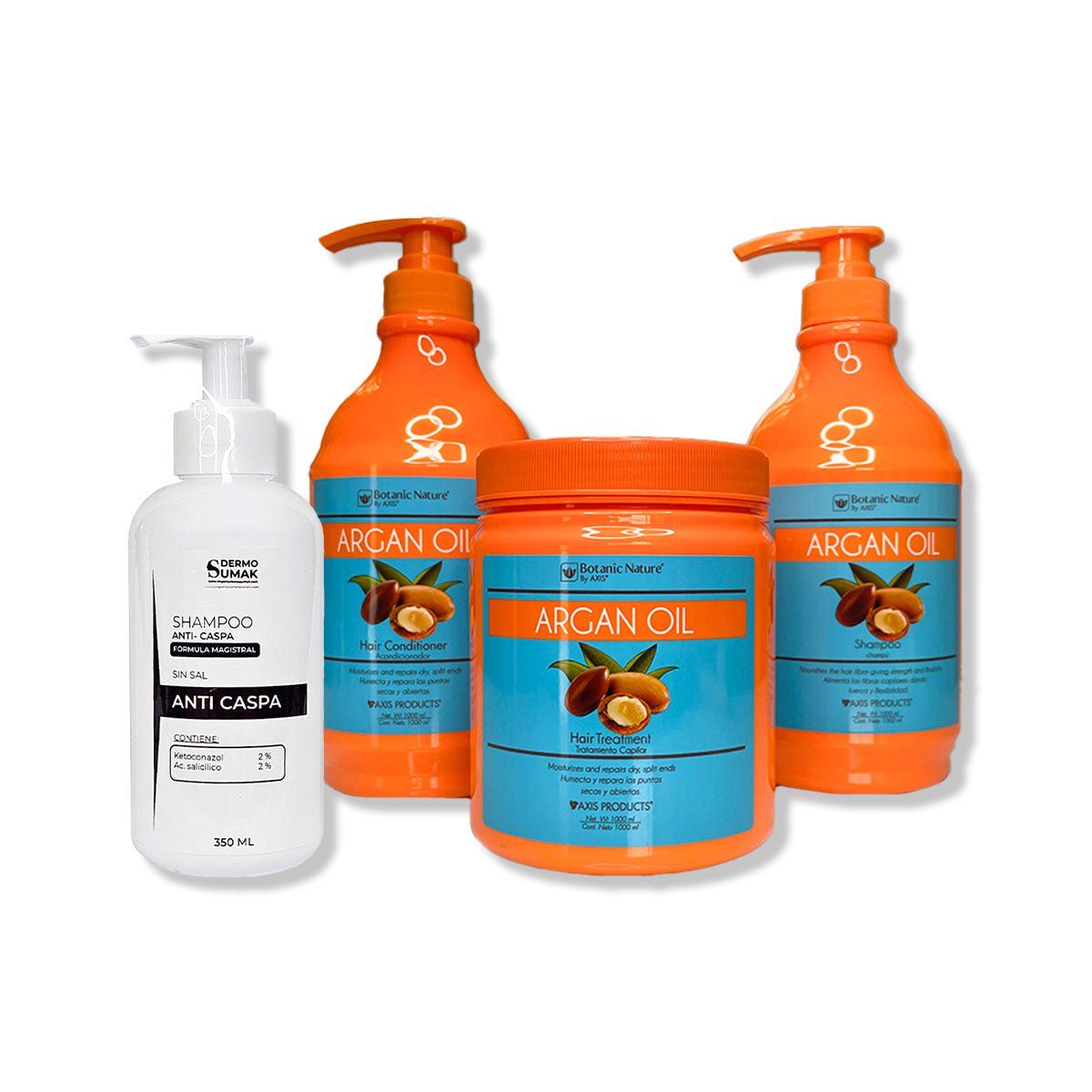 IMPORTADO MC - SHAMPOO ANTICASPA SIN SAL 350ML + PACK 3 ACEITE DE ARGÁN 1LT CU