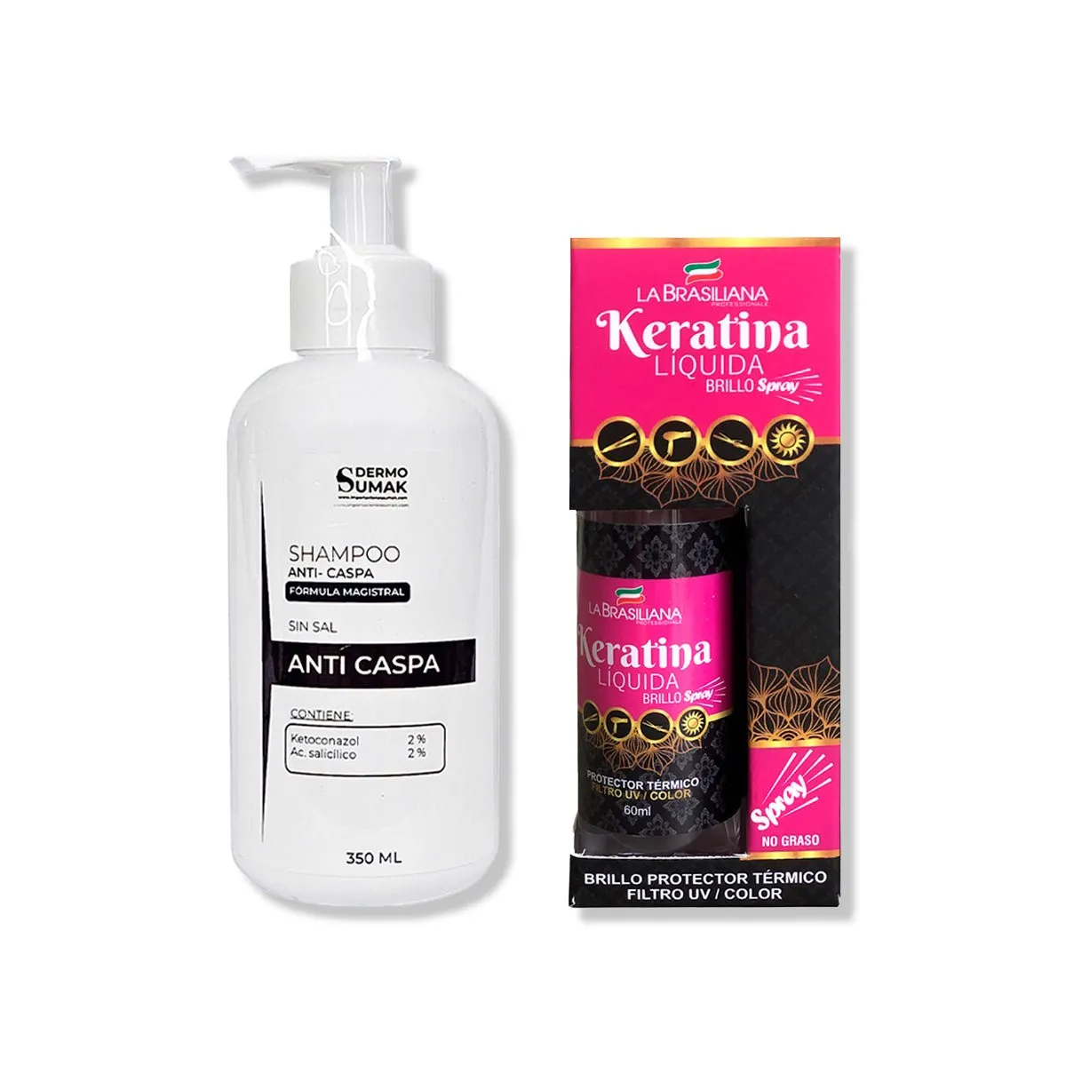 IMPORTADO MC - SHAMPOO ANTICASPA SIN SAL 350ML + SPRAY BRILLO KERATINA LÍQUIDA 60ML