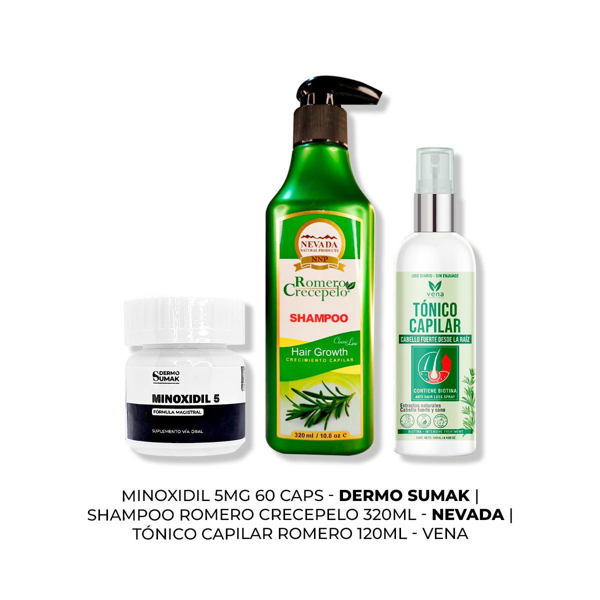 IMPORTADO MC - MINOXIDIL 5MG CAPS 60 + SHAMPOO ROMERO 320ML + TÓNICO CAPILAR ROMERO