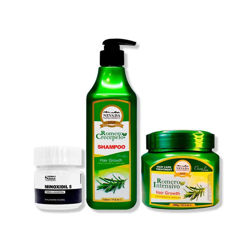 IMPORTADO MC - MINOXIDIL 5MG CAPS 60 + SHAMPOO ROMERO 520ML + CREMA DE CRECIMIENTO