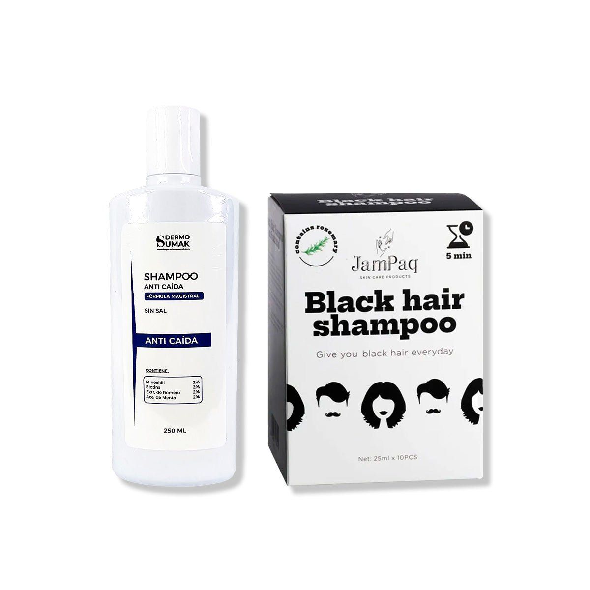 IMPORTADO MC - SHAMPOO ANTICAIDA 250ML + SHAMPOO CUBRE CANAS NEGRO 250ML JAMPAQ