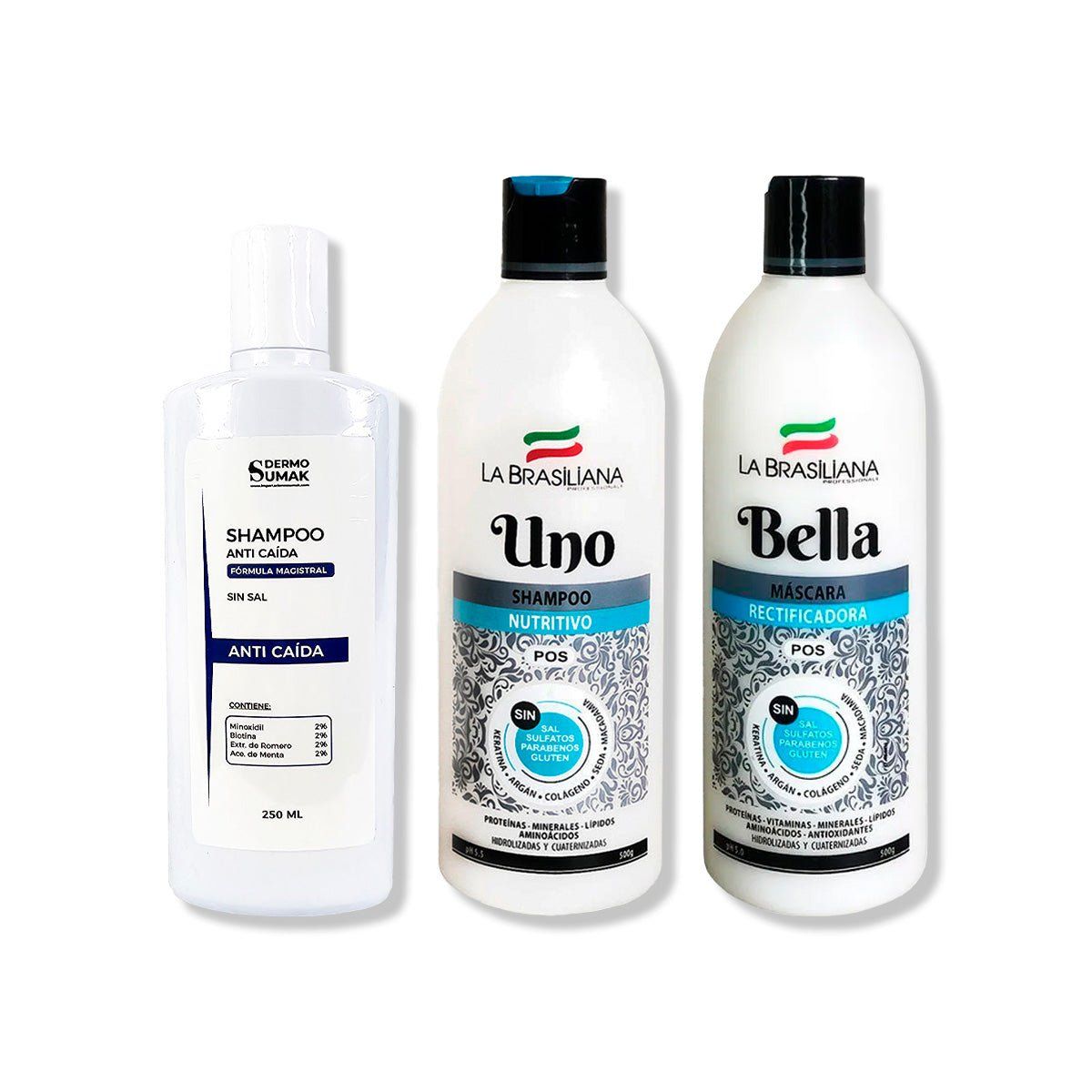 IMPORTADO MC - SHAMPOO ANTICAIDA 250ML + SHAMPOO UNO 500GR + MÁSCARA BELLA 500GR