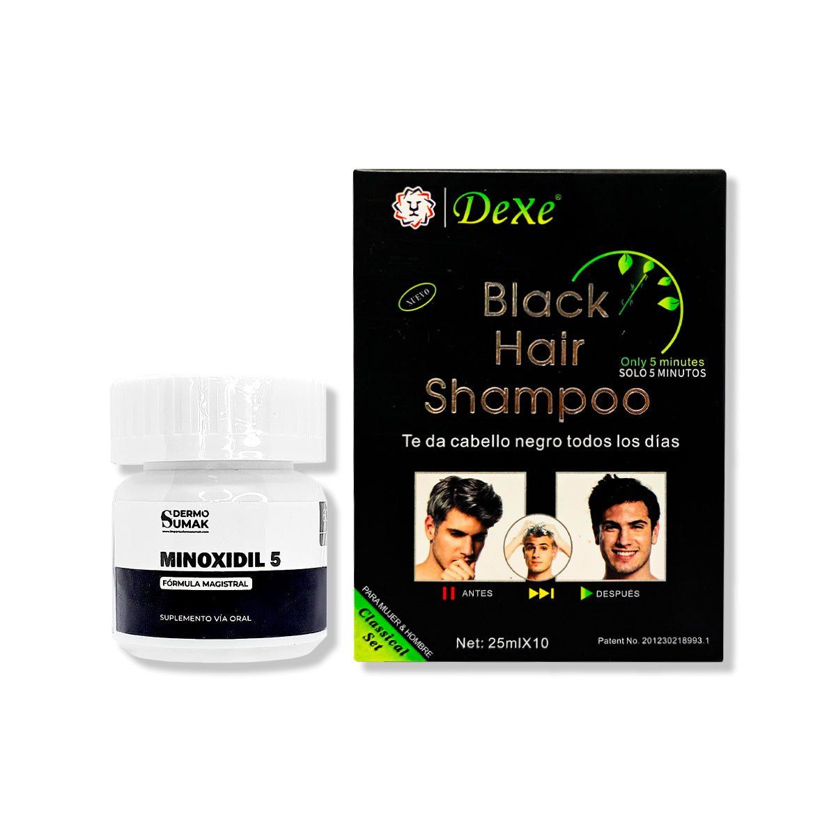 IMPORTADO MC - MINOXIDIL 5MG CAPS 60 + SHAMPOO CUBRE CANAS NEGRO 250ML X 10 UND