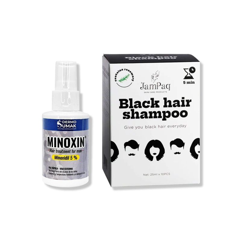 IMPORTADO MC - LOCIÓN MINOXIN 60ML + SHAMPOO CUBRE CANAS NEGRO 25ML X 10UND JAMPAQ