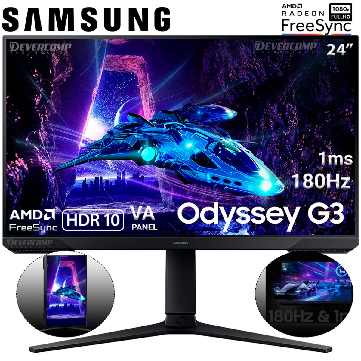 SAMSUNG - Monitor Samsung LS24DG300ELXPE 24 180hz 1ms Freesync PIVOTE