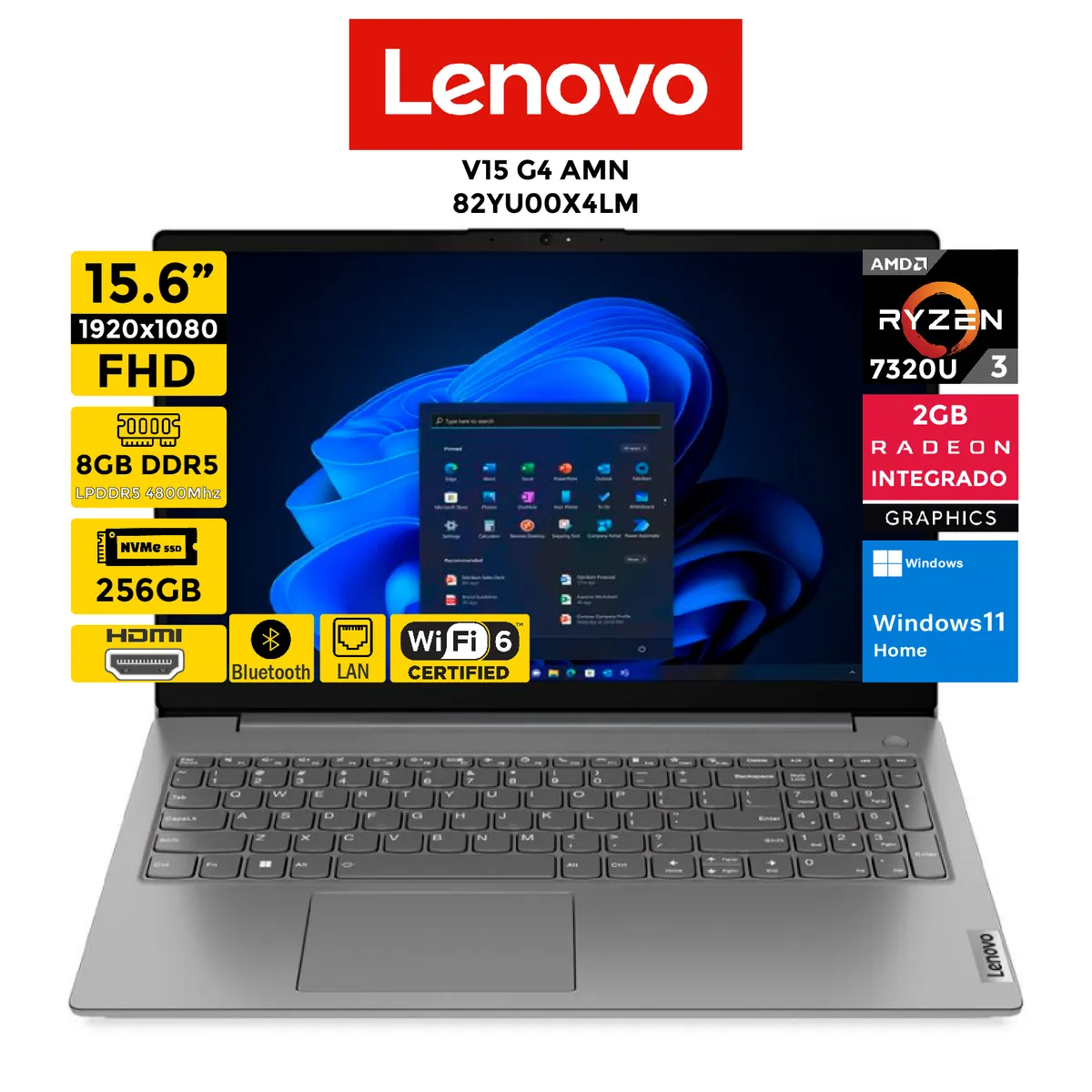 LENOVO - Laptop LENOVO V15 G4 AMN Ryzen 3-7320U Pantalla 15.6 FHD" 8GB 256GB Windows 11 Home