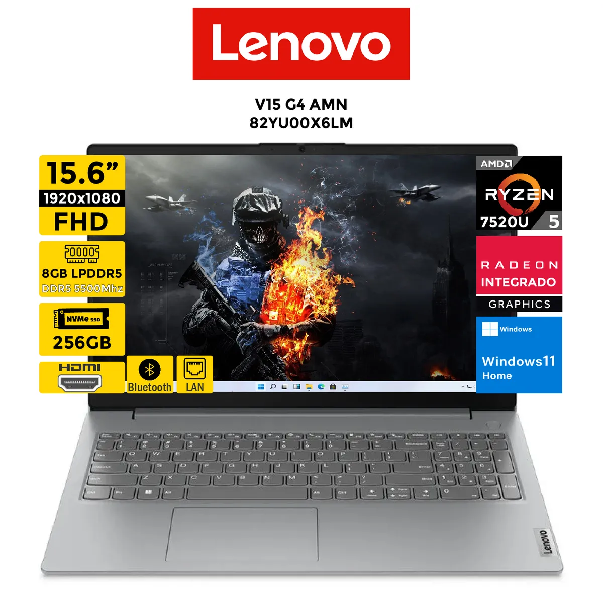 LENOVO - Laptop LENOVO V15 G4 AMN Ryzen 5-7520U Pantalla 156 FHD 8GB 256GB Windows11