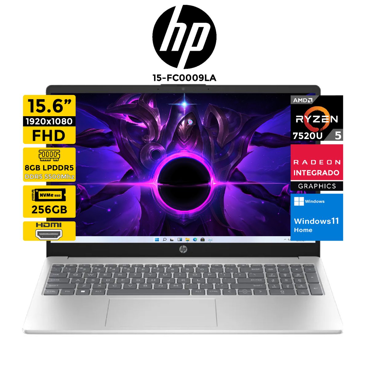 HP - Laptop HP 15-fc0009la Ryzen 5-7520 Pantalla 15.6" 8GB 256GB Windows 11 Home