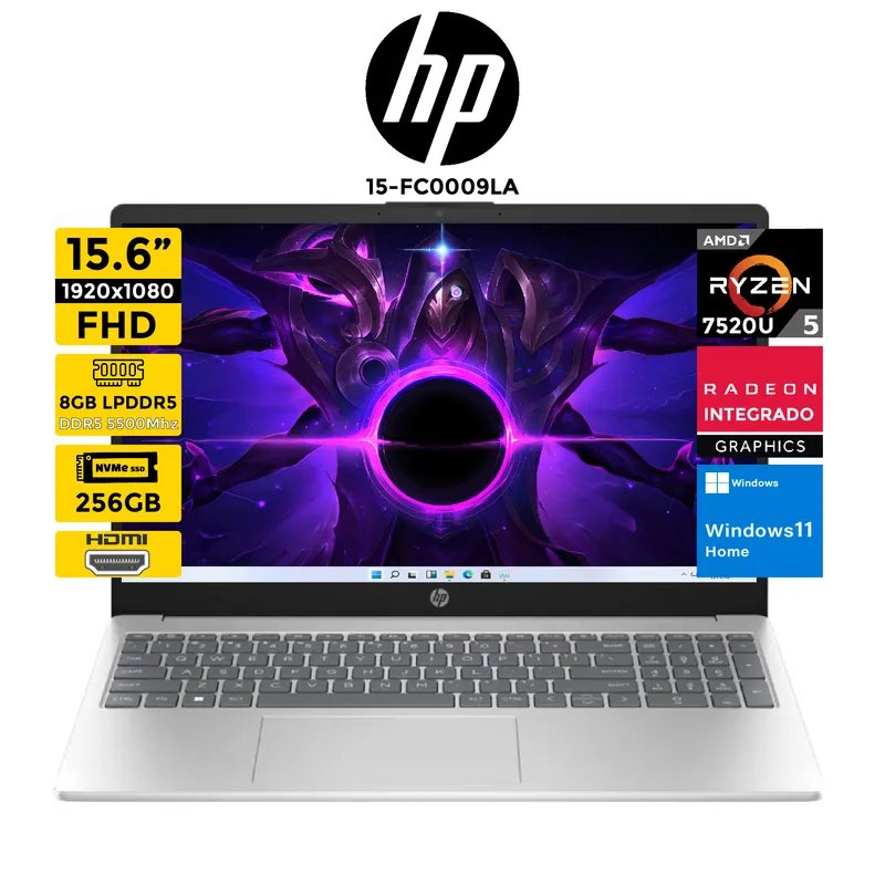 HP - Laptop HP 15-fc0009la Ryzen 5-7520 Pantalla 15.6" 8GB 256GB Windows 11 Home