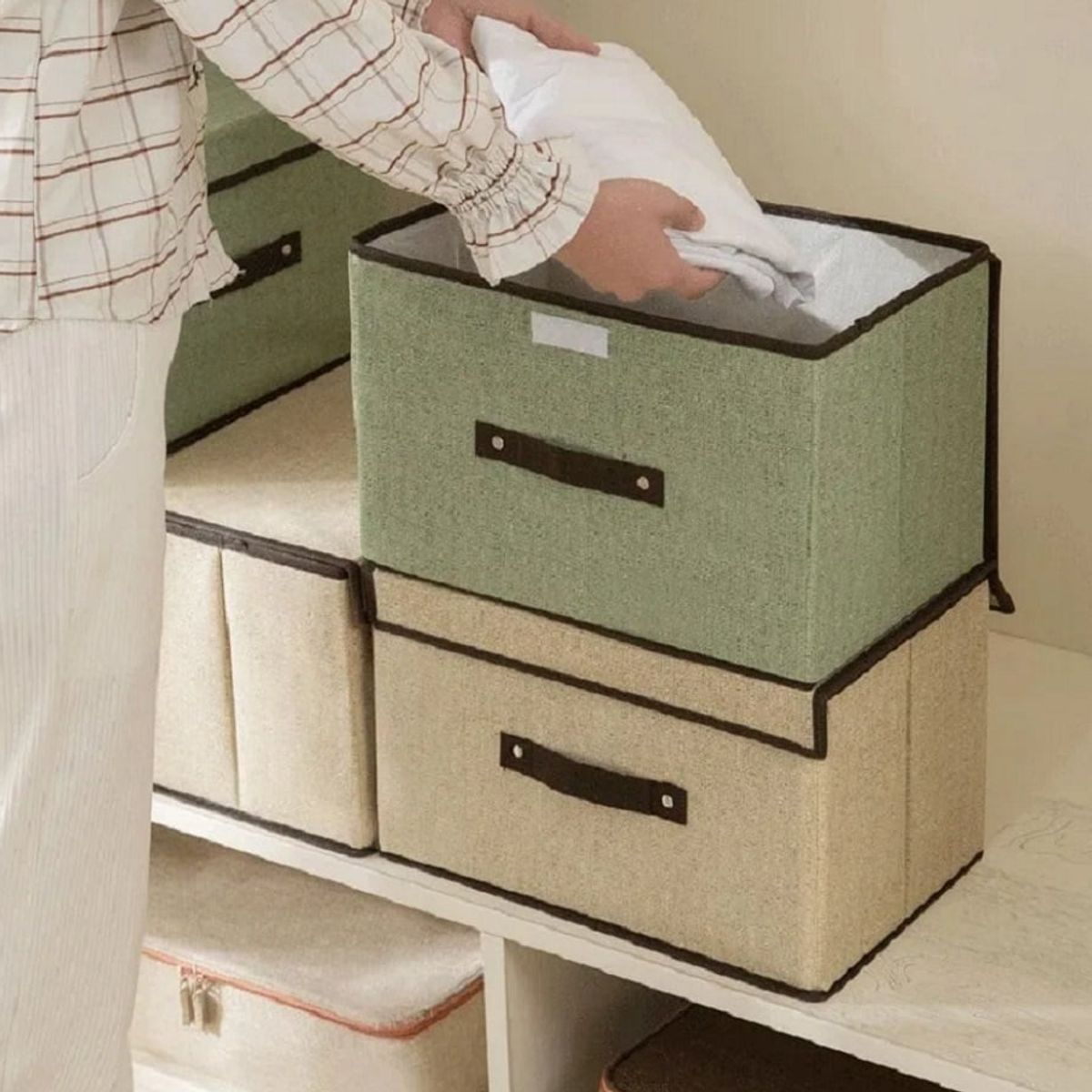 GENERICO - Pack x 2 Caja de Almacenamiento Multifuncional Plegable Beige