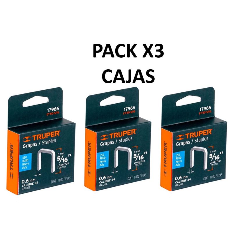 TRUPER - PACK DE 3 CAJAS C/ 1000 GRAPAS 5/16"CORONA 10.7 MM ET-50, TRUPER