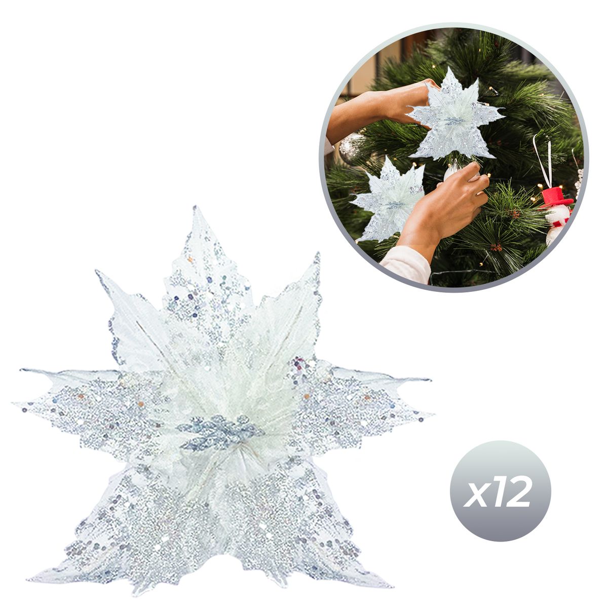 BUYPAL - Pack de 12 Flores Navideñas Escarchadas Plateado