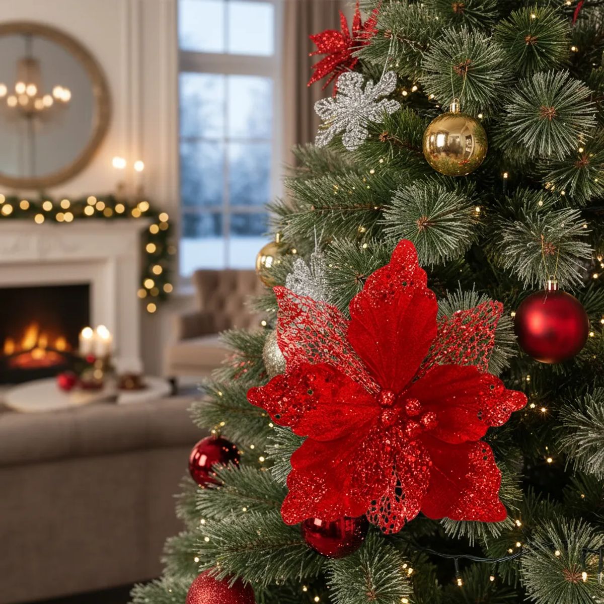 BUYPAL - Pack de 12 Flores Navideñas Escarchadas Rojo