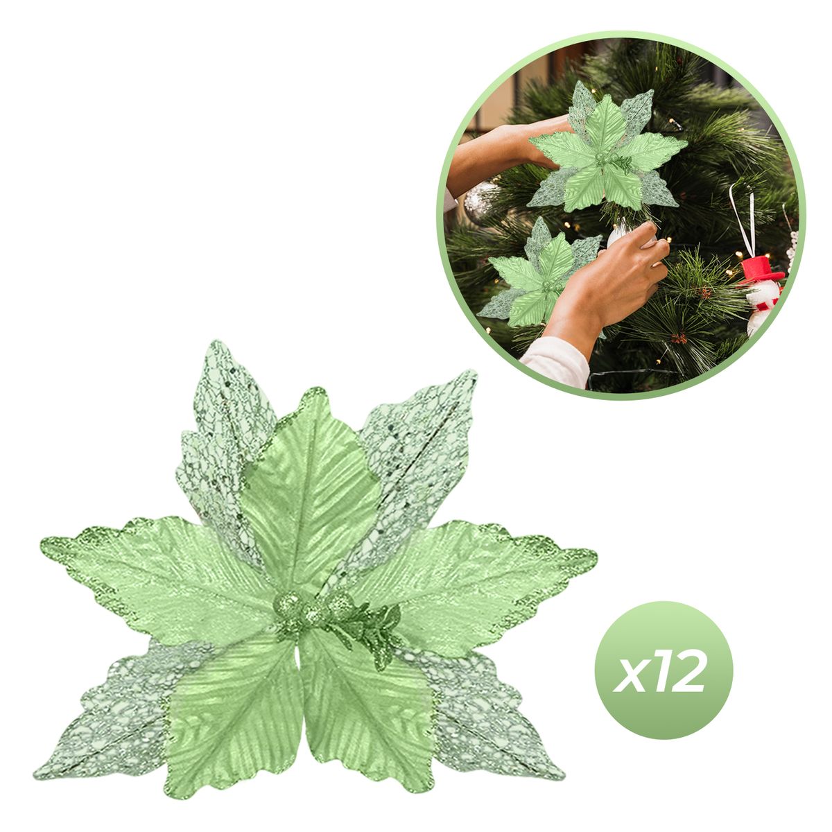 BUYPAL - Pack de 12 Flores Navideñas Escarchadas Verde