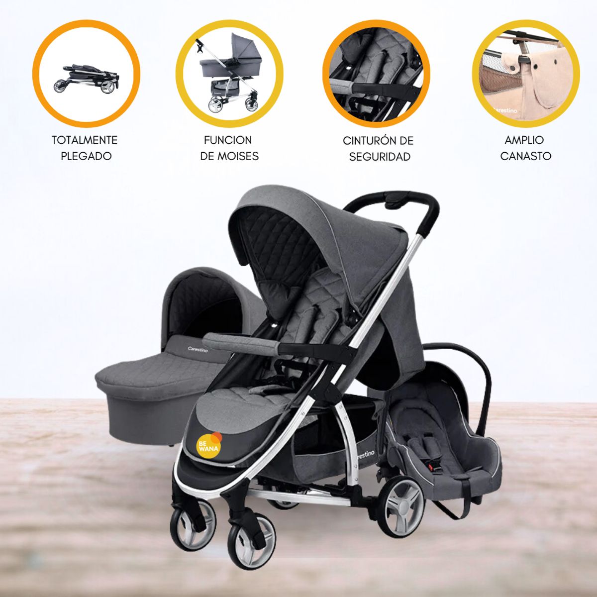 CARESTINO - Coche de Paseo con Accesorios «LONDON» Gris