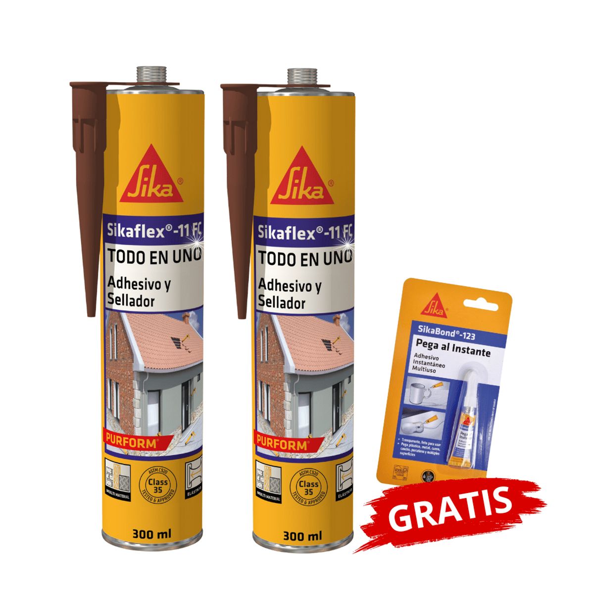 SIKA - Pack2 Adhesivo y Sellante Sikaflex-11 FC Purform Marrón x300 ml Gratis Sikabond 123
