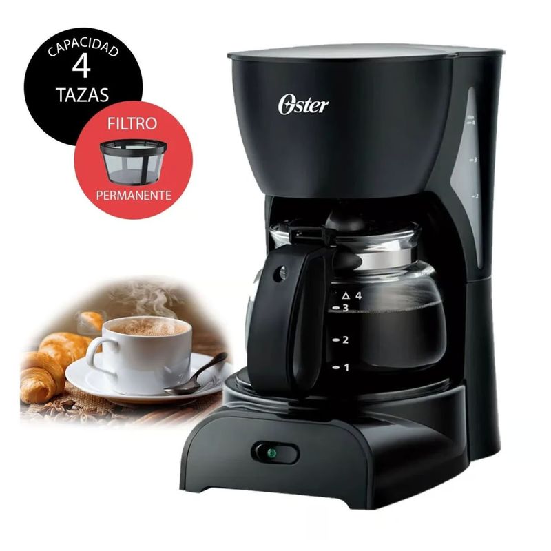 OSTER - Cafetera para 4 Tazas Jarra de Vidrio Negro