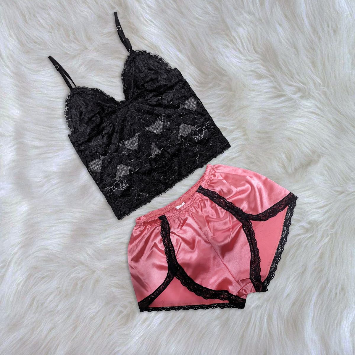 GENERICO - Pijama Conjunto Mujer Short de Satin y Bralette de Encaje