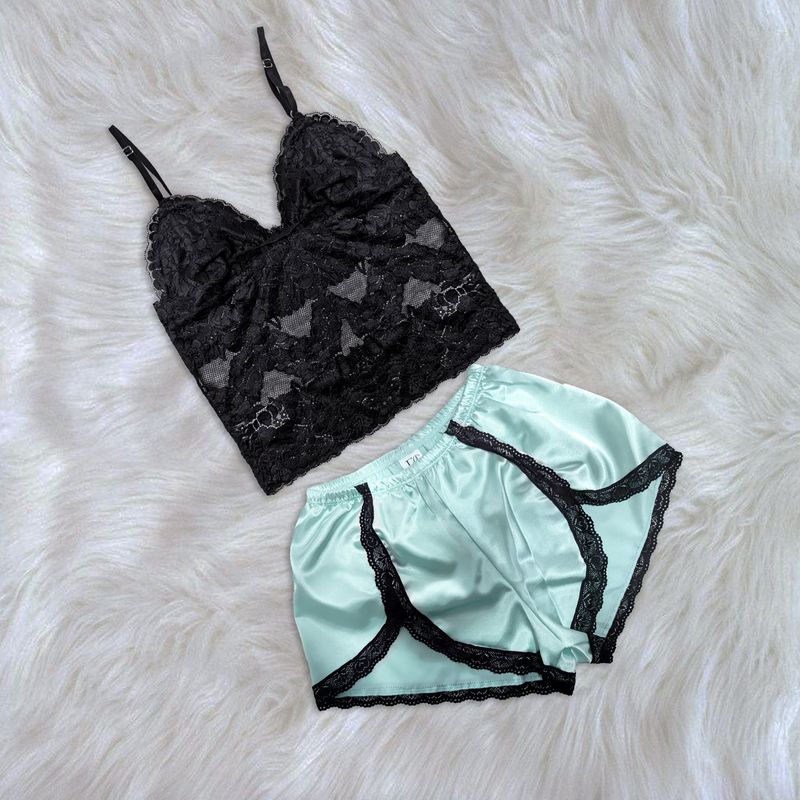 GENERICO - Pijama Conjunto Mujer Short de Satin y Bralette de Encaje