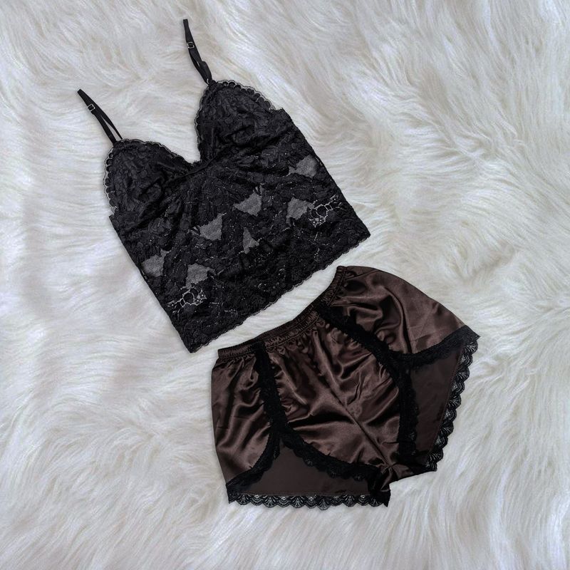 GENERICO - Pijama Conjunto Mujer Short de Satin y Bralette de Encaje