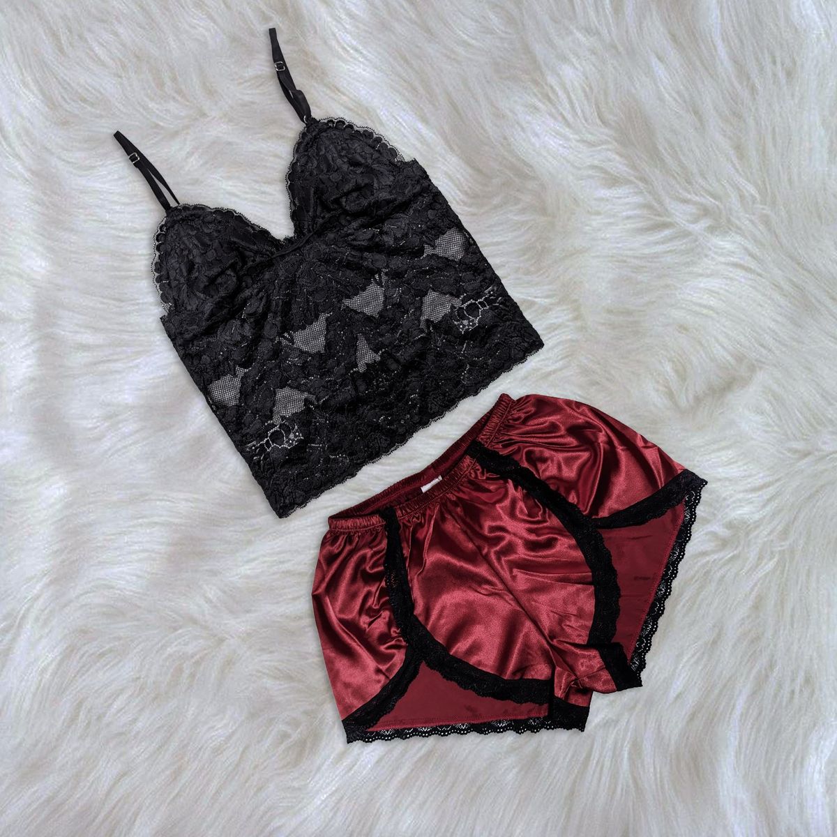 GENERICO - Pijama Conjunto Mujer Short de Satin y Bralette de Encaje