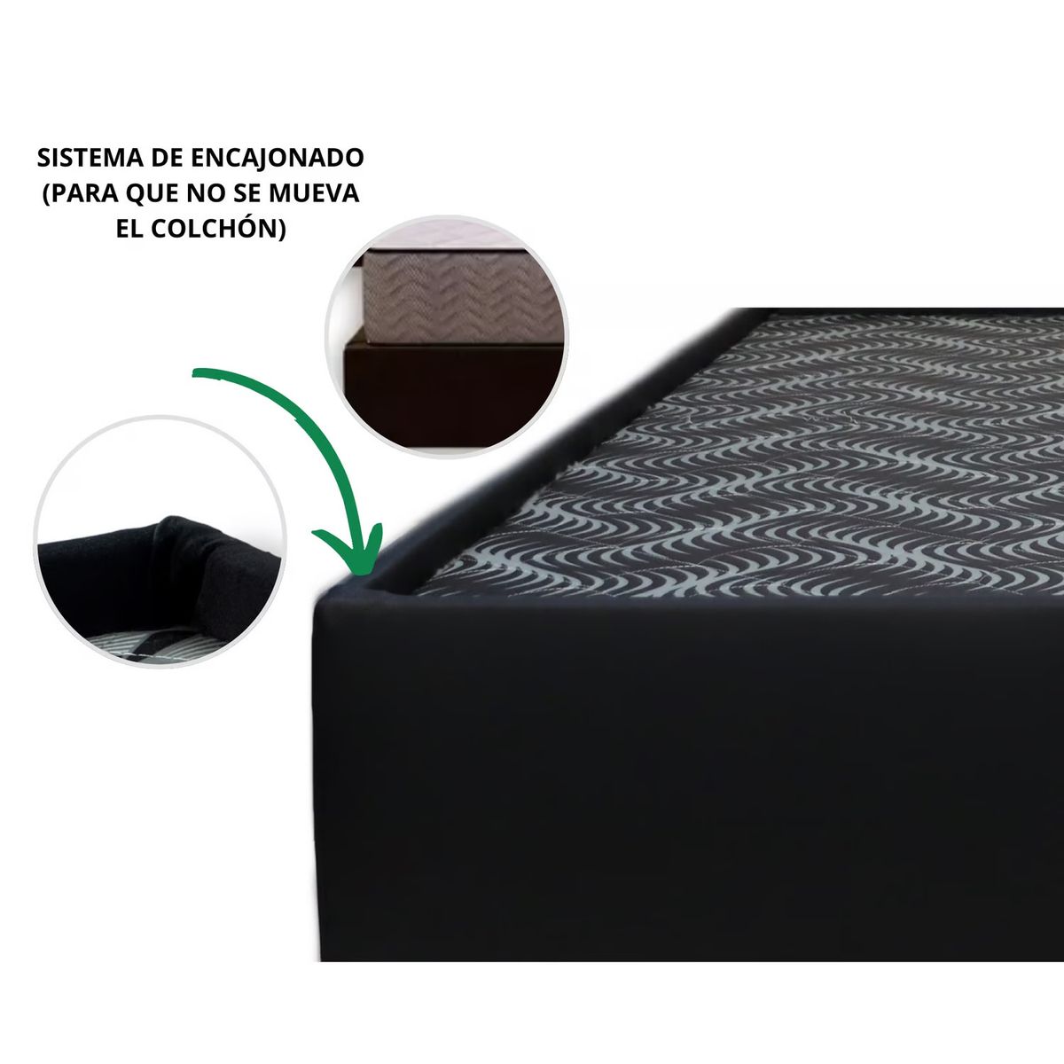 MUEBLES MACRUMO - Box Tarima Premium reforzado y acolchado 2 Plz con encaje - Cuero Negro