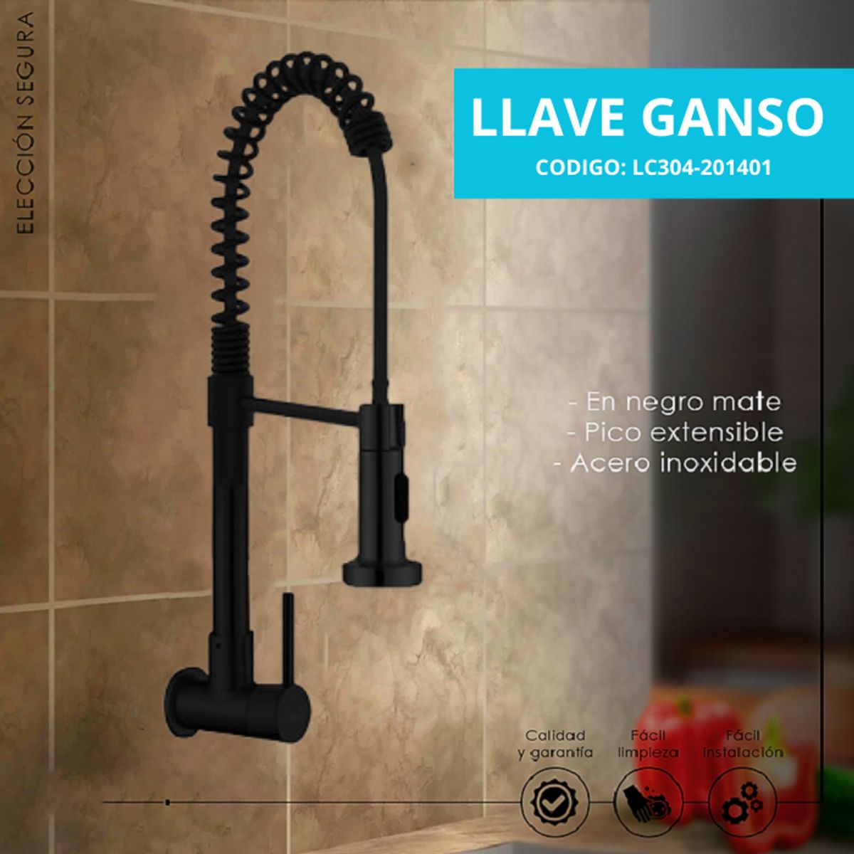 XM - GRIFERÍA DE COCINA RESORTE PARED NEGRO  LC304-201401