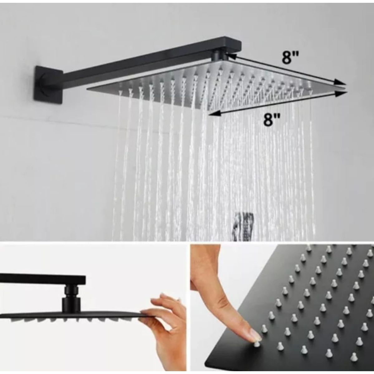 APACHE - Cabezal Ducha Negro Mate Cuadrado ultra plano 20x20cm Acero Inox SS201