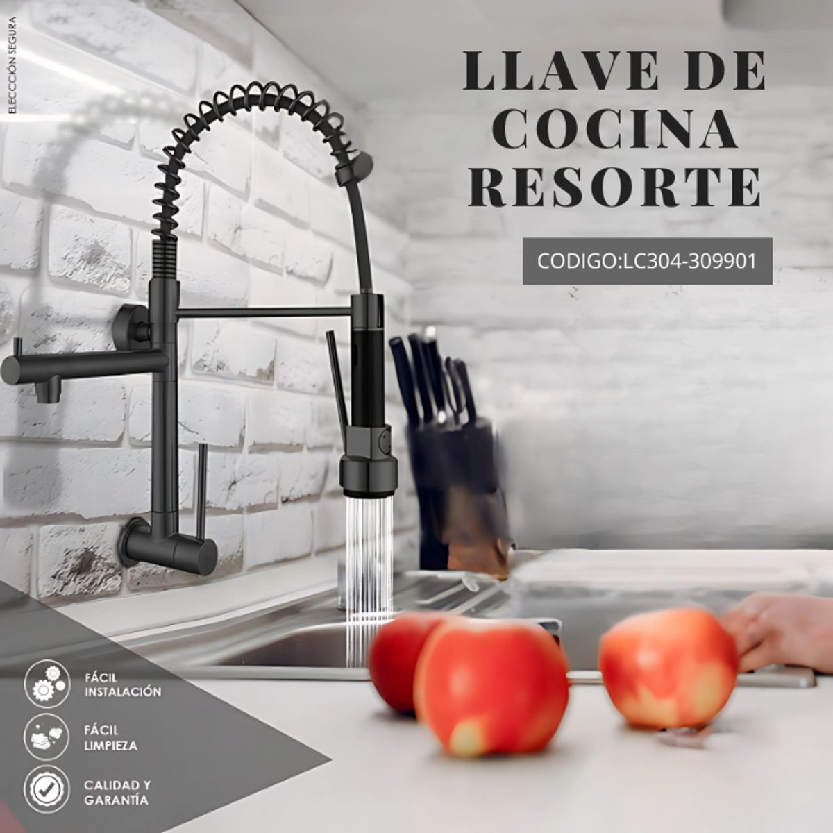 XM - LLAVE DE COCINA DOBLE PICO PARED NEGRO RETRACTIL LC304-309901
