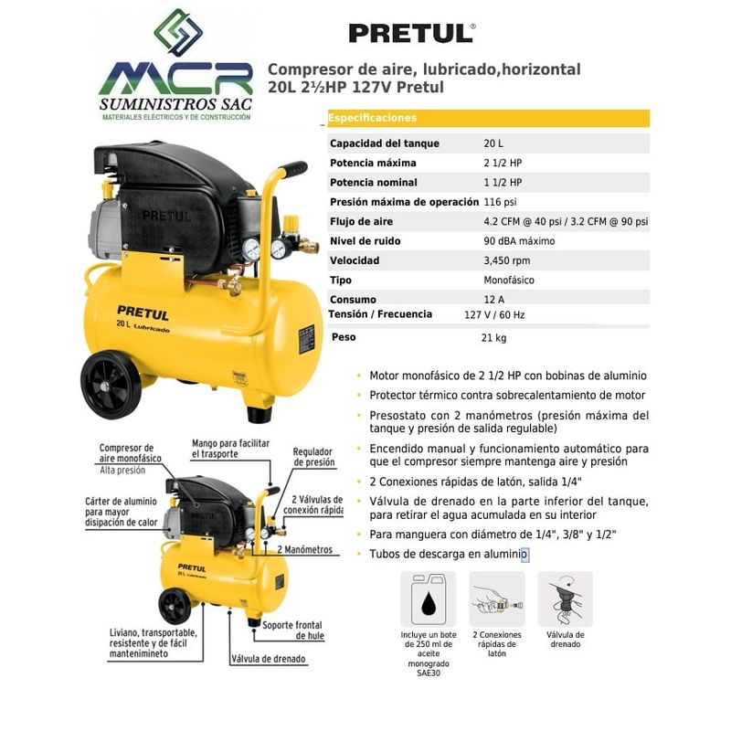PRETUL - Compresor de aire 20L 2½HP lubricado horizontal 127V Pretul