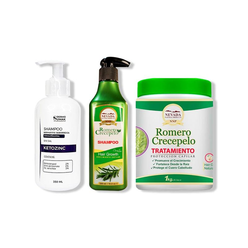 IMPORTADO MC - SHAMPOO KETOZINC 350ML + SHAMPOO ROMERO 320ML + TRATAMIENTO CAPILAR