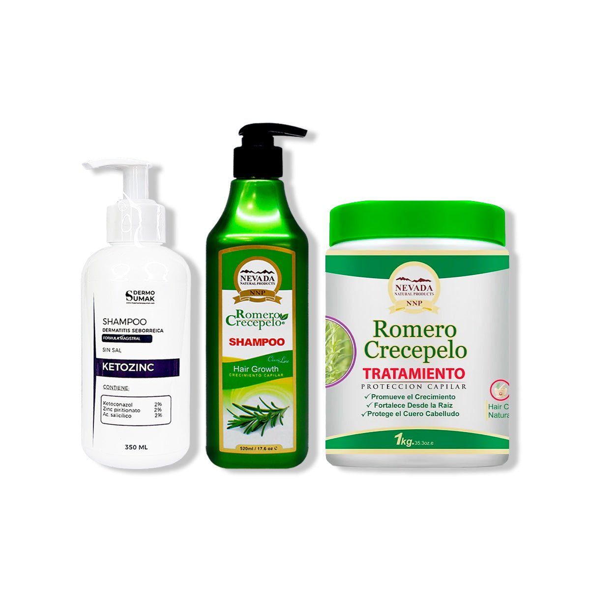 IMPORTADO MC - SHAMPOO KETOZINC 350ML + SHAMPOO ROMERO 520ML + TRATAMIENTO CAPILAR