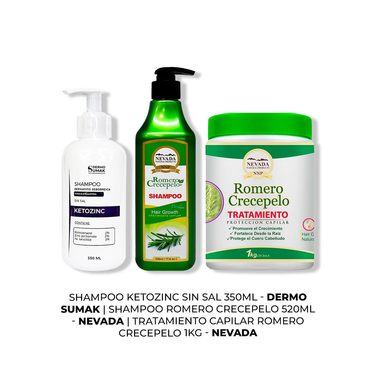 IMPORTADO MC - SHAMPOO KETOZINC 350ML + SHAMPOO ROMERO 520ML + TRATAMIENTO CAPILAR