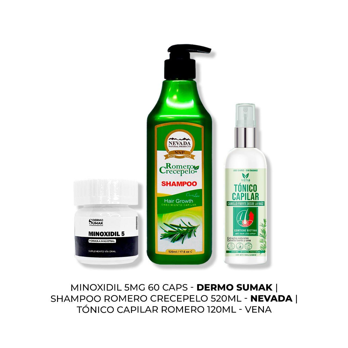 GENERICO - MINOXIDIL 5MG CAPS 60 + SHAMPOO ROMERO 520ML + TÓNICO CAPILAR ROMERO