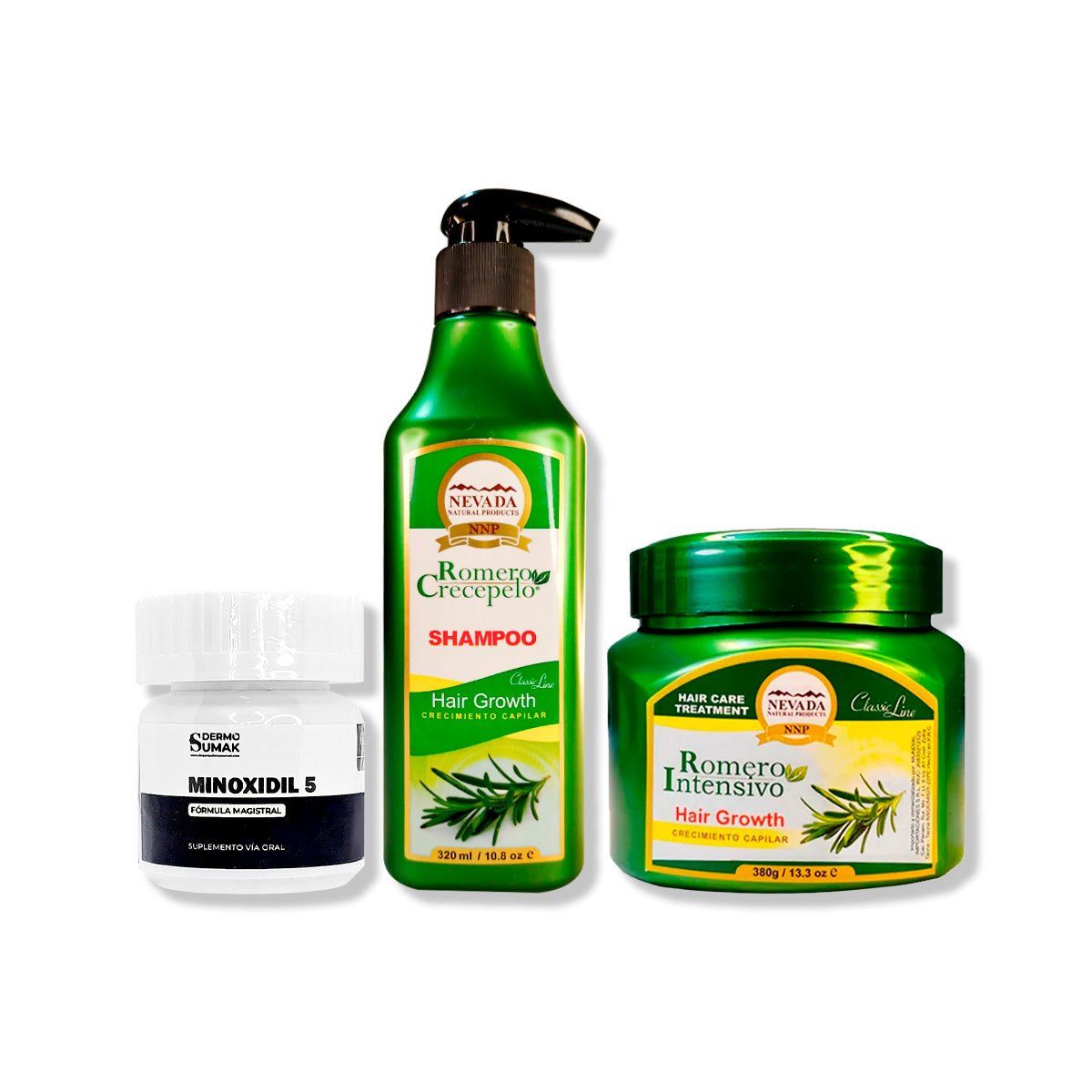 IMPORTADO MC - MINOXIDIL 5MG CAPS 60 + SHAMPOO ROMERO 320ML + CREMA DE CRECIMIENTO