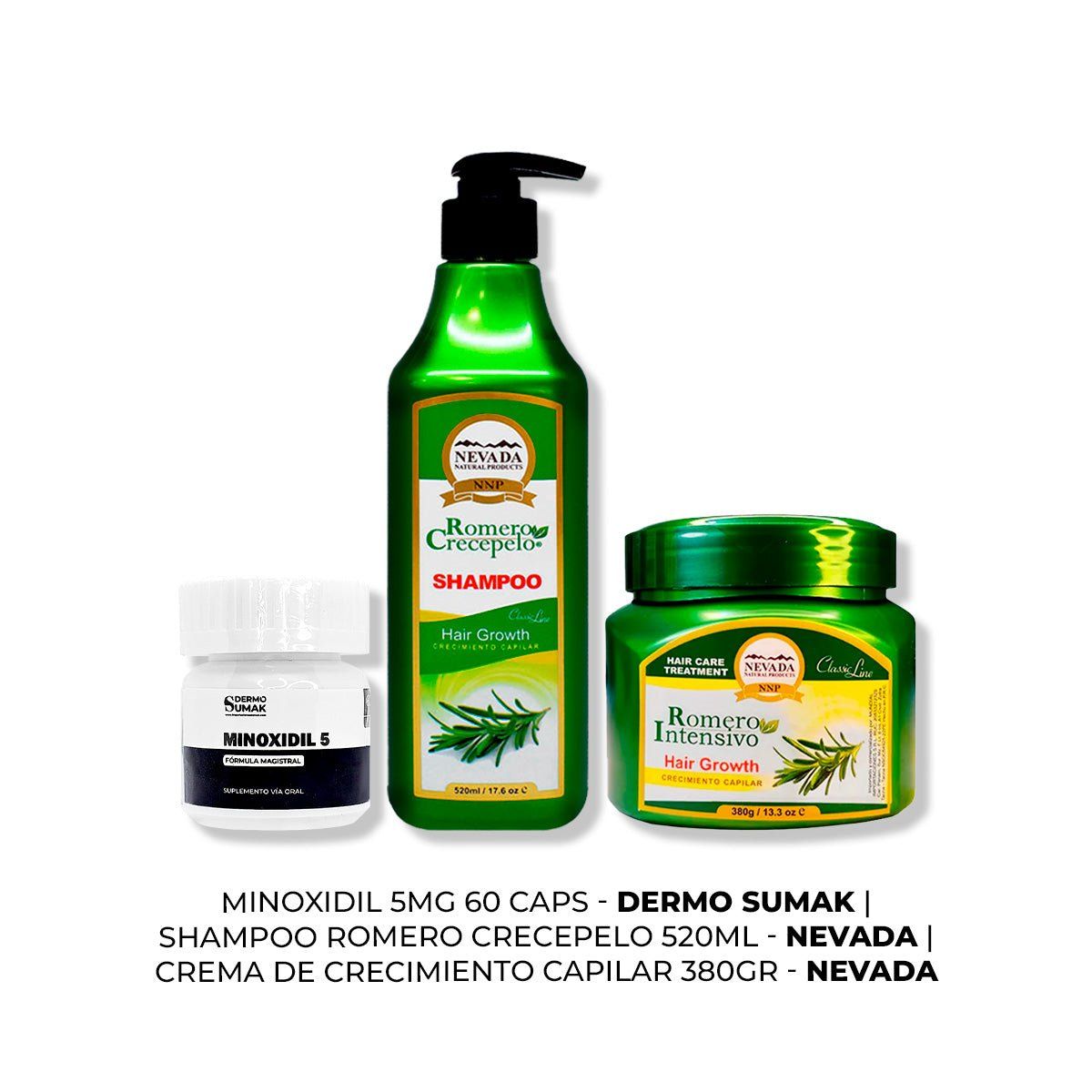 GENERICO - MINOXIDIL 5MG CAPS 60 + SHAMPOO ROMERO 520ML + CREMA DE CRECIMIENTO