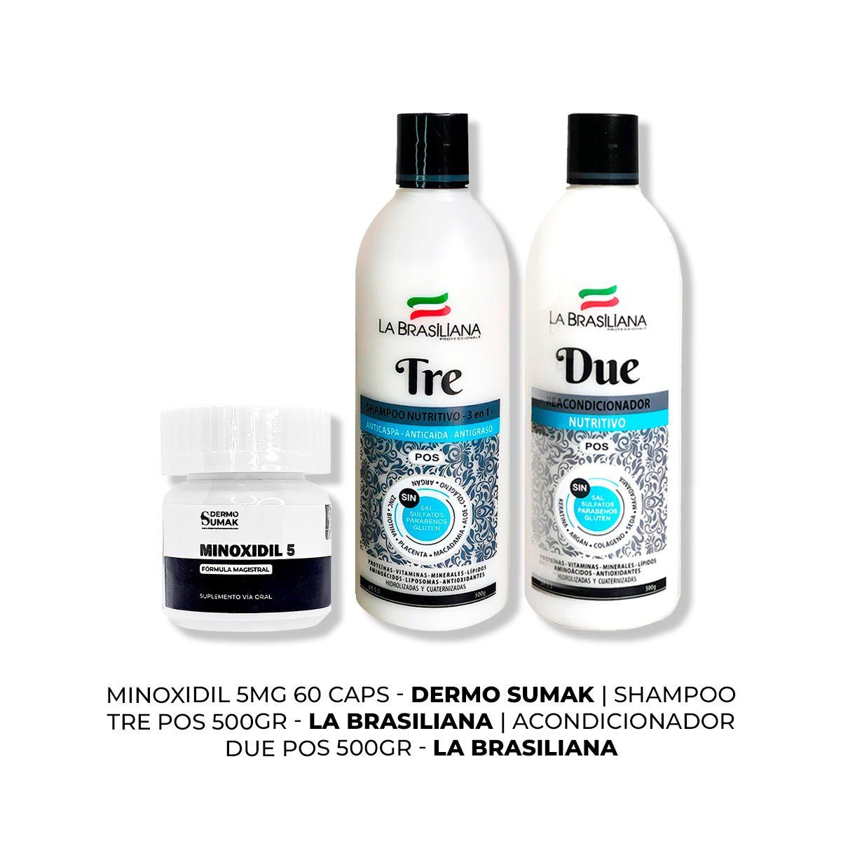 IMPORTADO MC - MINOXIDIL 5MG CAPS 60 + SHAMPOO TRE 500GR + ACONDICIONADOR DUE 500GR