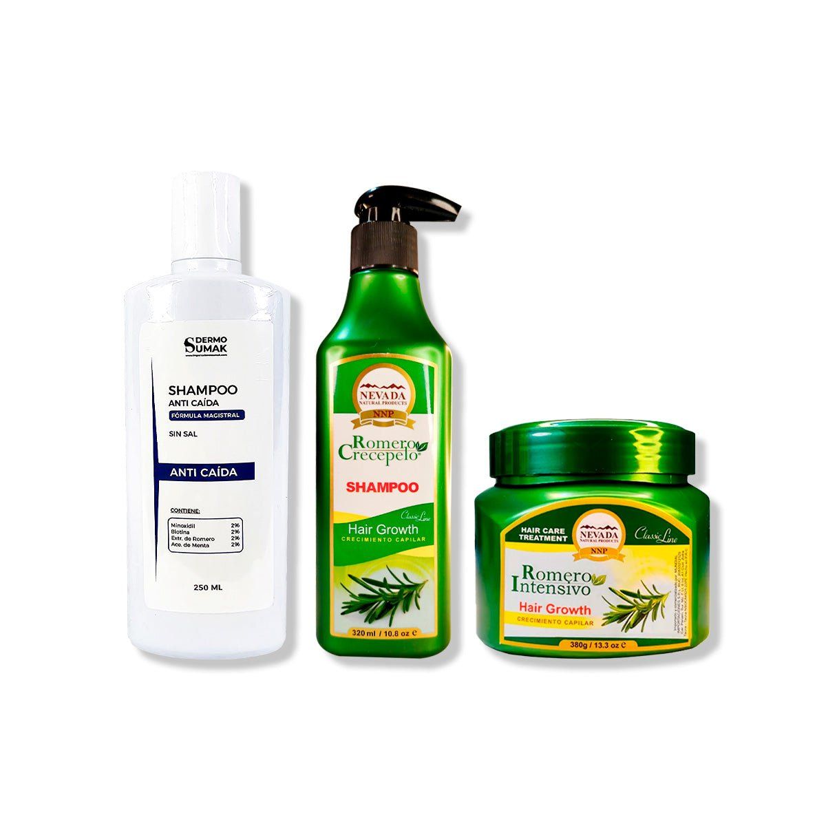 IMPORTADO MC - SHAMPOO ANTICAIDA 250ML + SHAMPOO ROMERO 320ML + CREMA DE CRECIMIENTO