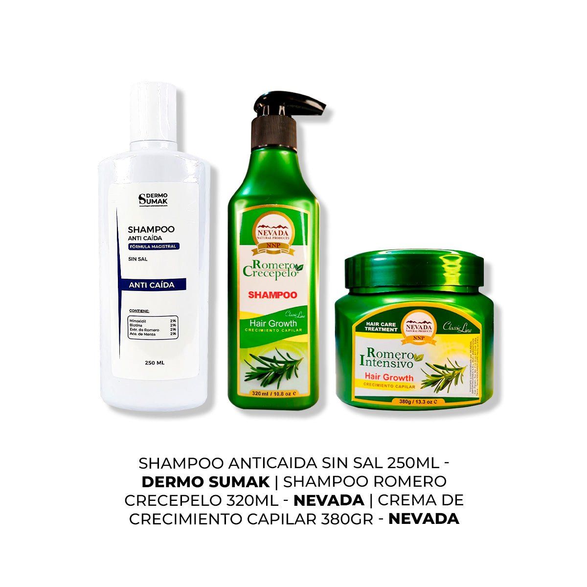 IMPORTADO MC - SHAMPOO ANTICAIDA 250ML + SHAMPOO ROMERO 320ML + CREMA DE CRECIMIENTO
