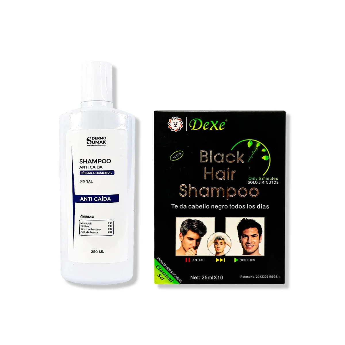 IMPORTADO MC - SHAMPOO ANTICAIDA SIN SAL 250ML + SHAMPOO CUBRE CANAS NEGRO 250ML