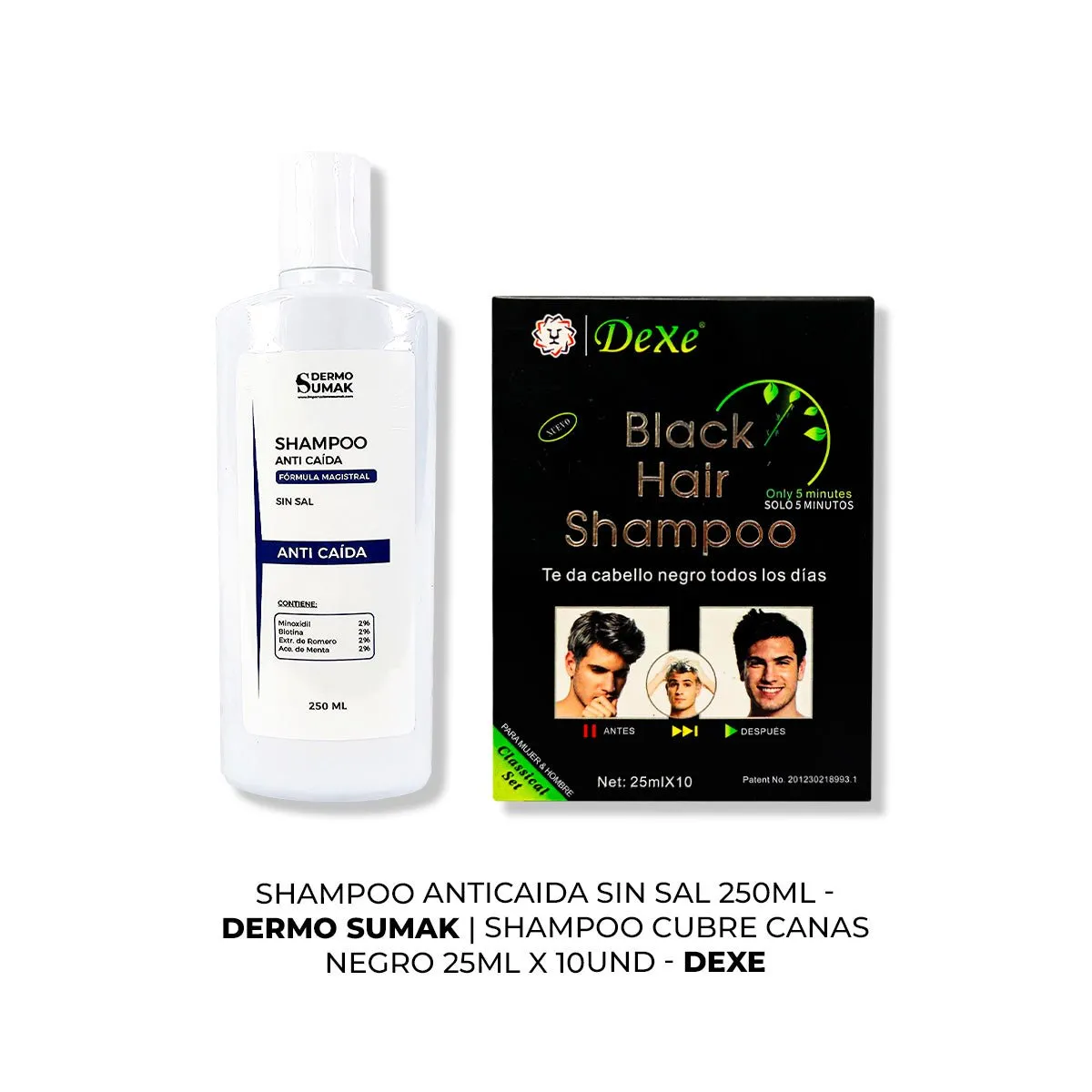 IMPORTADO MC - SHAMPOO ANTICAIDA SIN SAL 250ML + SHAMPOO CUBRE CANAS NEGRO 250ML