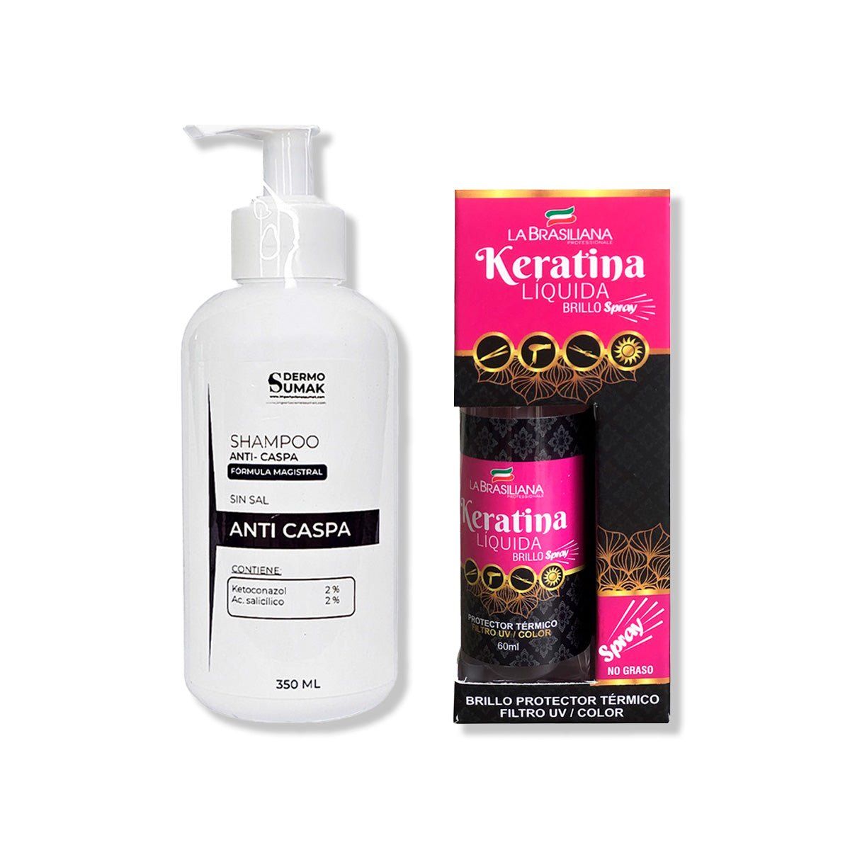 IMPORTADO MC - SHAMPOO ANTICASPA SIN SAL 350ML + SPRAY BRILLO KERATINA LÍQUIDA 60ML