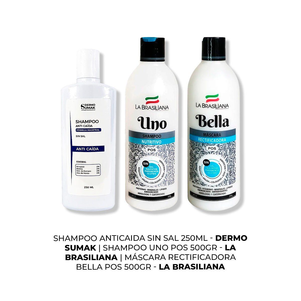 IMPORTADO MC - SHAMPOO ANTICAIDA 250ML + SHAMPOO UNO 500GR + MÁSCARA BELLA 500GR
