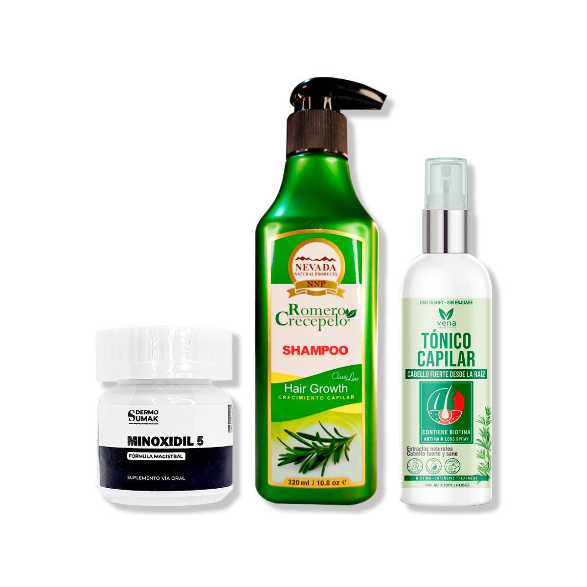 IMPORTADO MC - MINOXIDIL 5MG CAPS 60 + SHAMPOO ROMERO 320ML + TÓNICO CAPILAR ROMERO